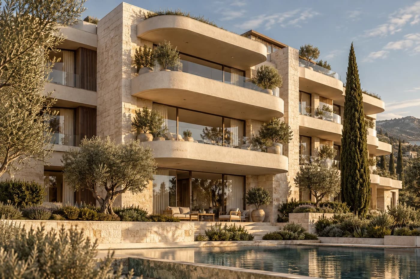 Illustrative modern residences with curved stone balconies and olive trees